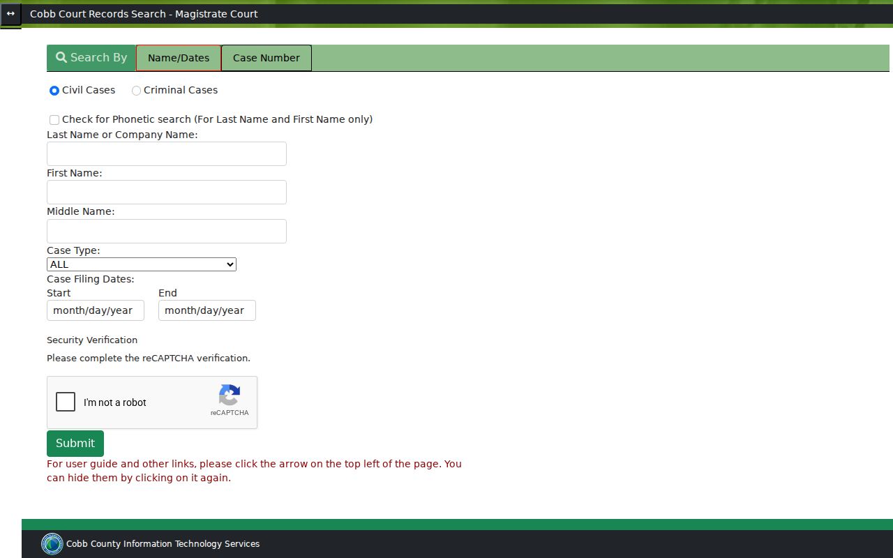 Cobb County civil docket Magistrate search form