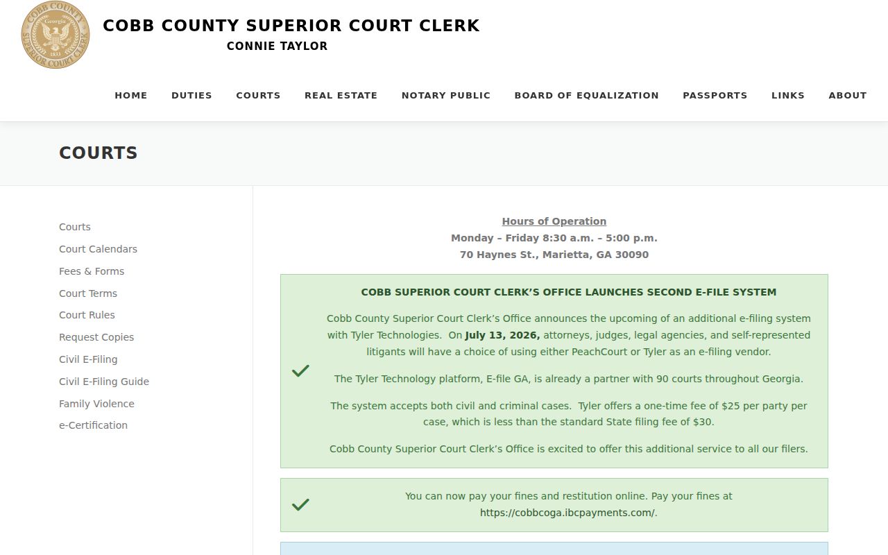 Cobb County civil docket Superior Clerk court services