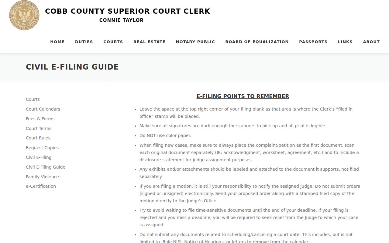 Cobb County civil docket Superior Court e-filing guide