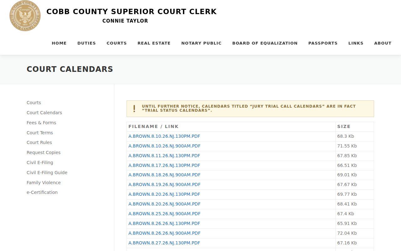 Cobb County court dates Superior Court calendar index