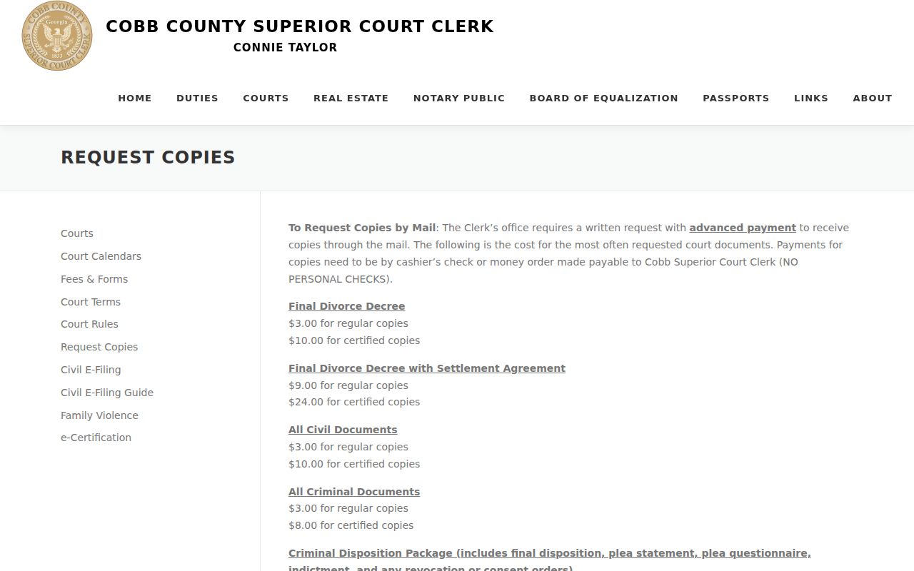 Cobb County court record search Superior copy fees