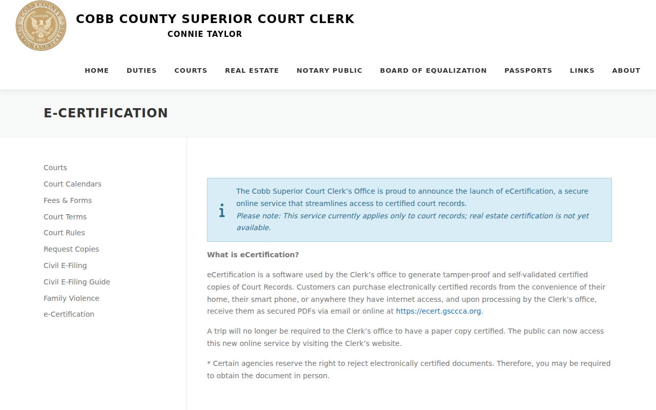 Cobb County court record search eCertification service