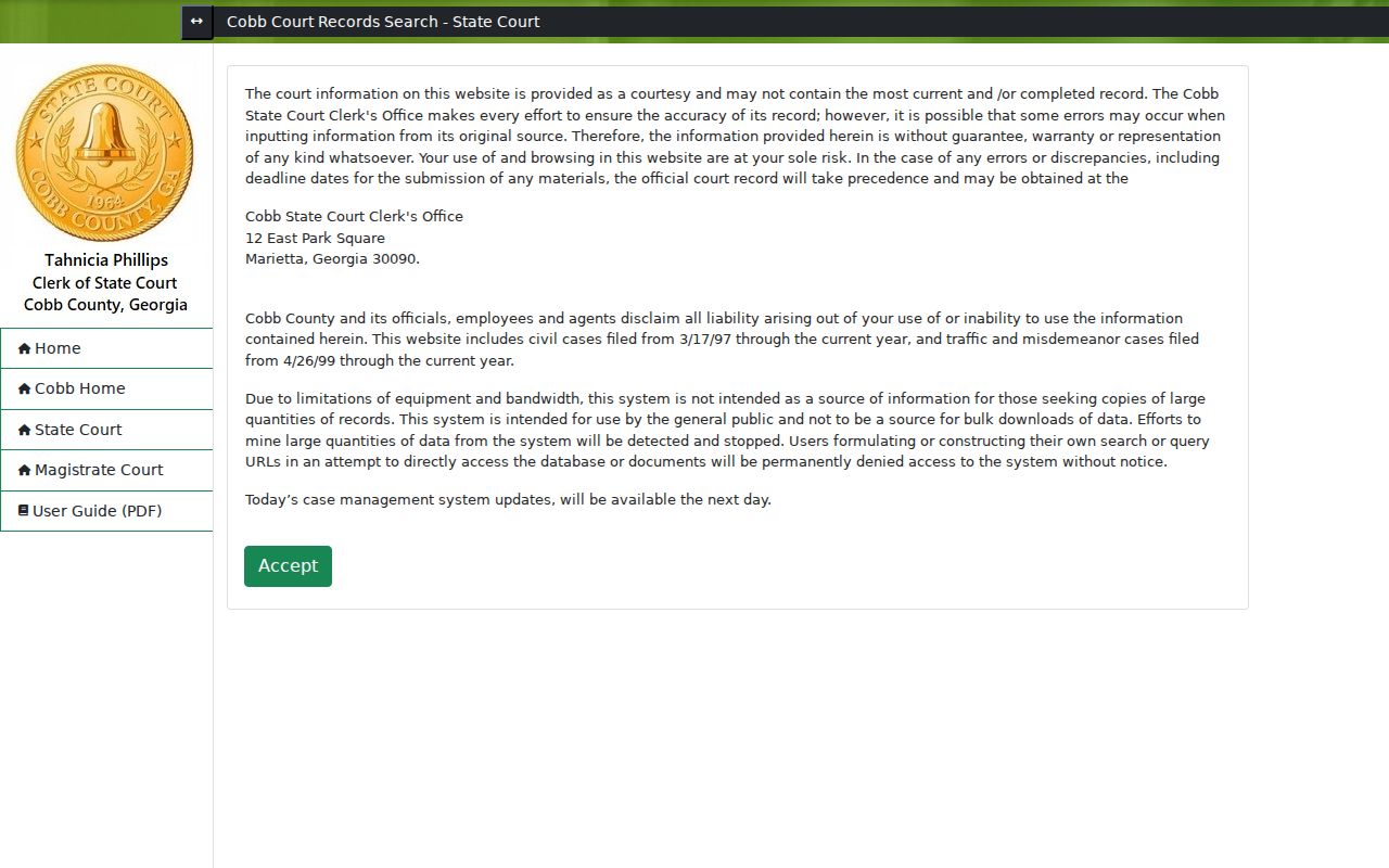 Cobb County criminal docket State Court search disclaimer
