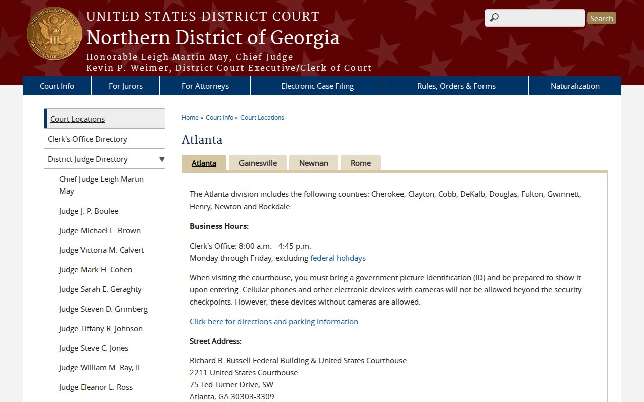 Cobb County federal court docket route through the Atlanta Division