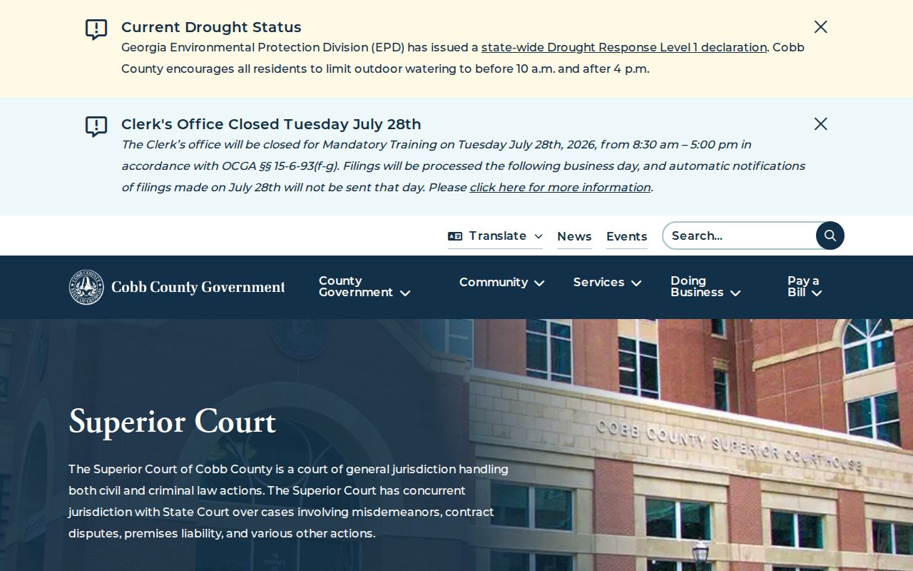 Cobb County Superior Court building for court docket access