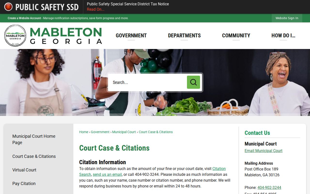 Mableton Cobb County court docket citation and case access page